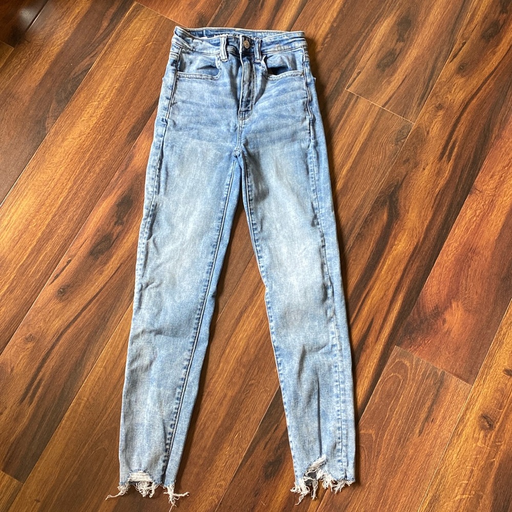 Sz 00 American Eagle Highest Rise Jegging Crop Distressed Acid Washed Jeans